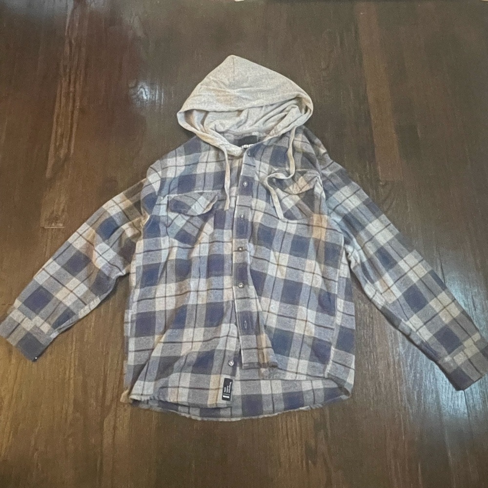 Mens Plaid Hooded Shirt - Blue and Gray